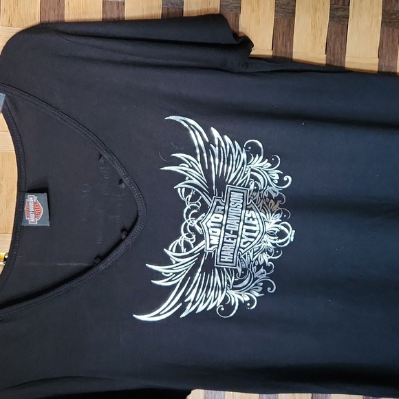 Harley Davidson Black Silver Foil V-Neck Graphic Tee - Picture 1 of 6